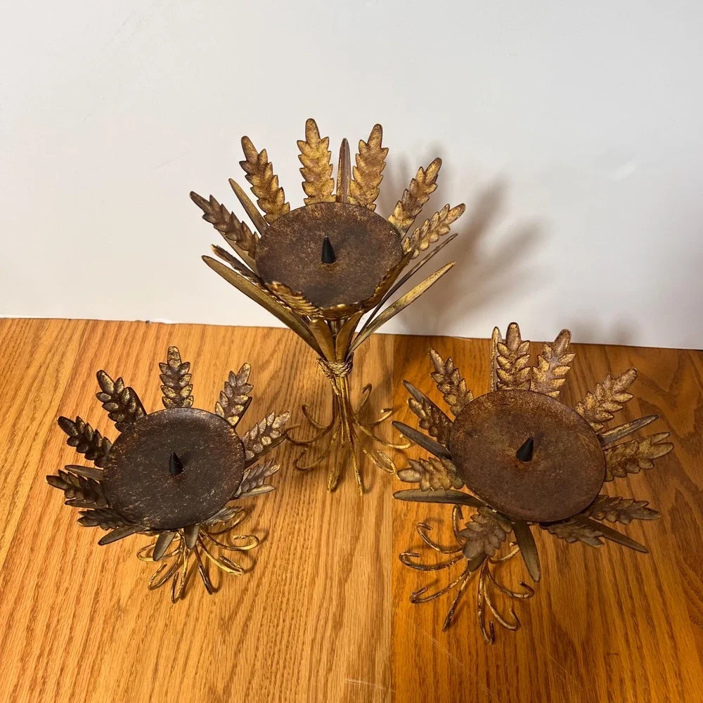 Vintage Wheat Sheaf Candle Holders Set of 3 Gold Metal Tole Hollywood Regency